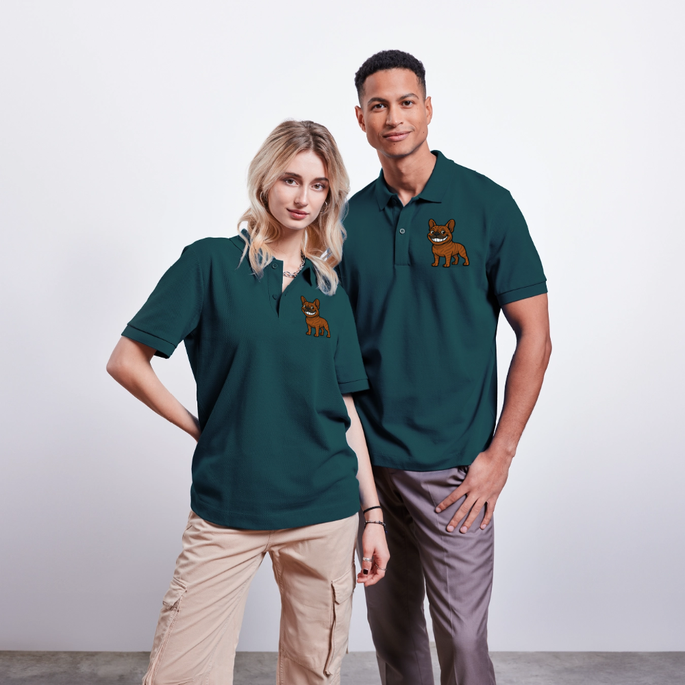 Französische Bulldogge Poloshirt - Cartoon mit breitem Grinsen – Lustiges Hunde Motiv für Humor-Fans, Tierfreunde und Geschenkideen - Dunkles Petrol