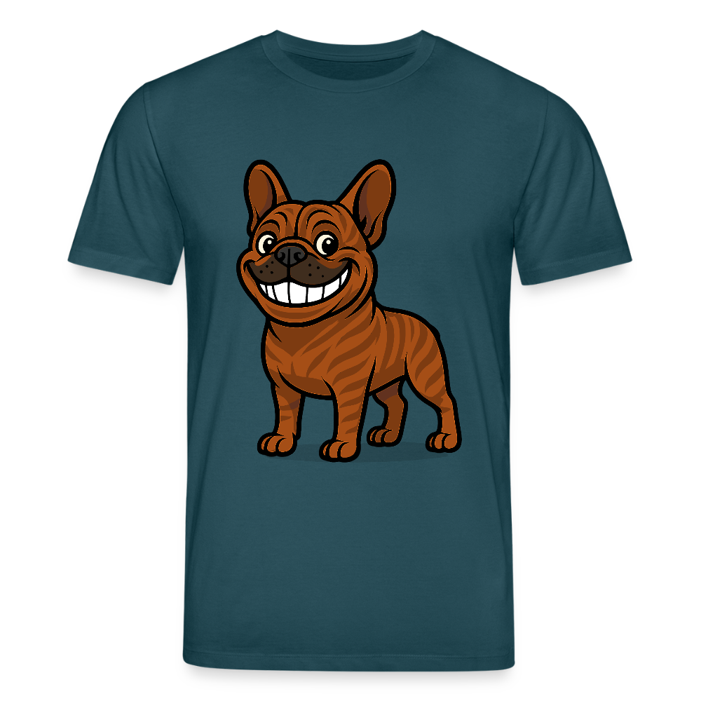 Französische Bulldogge T-Shirt - Cartoon mit breitem Grinsen – Lustiges Hunde Motiv für Humor-Fans, Tierfreunde und Geschenkideen - Dunkles Petrol