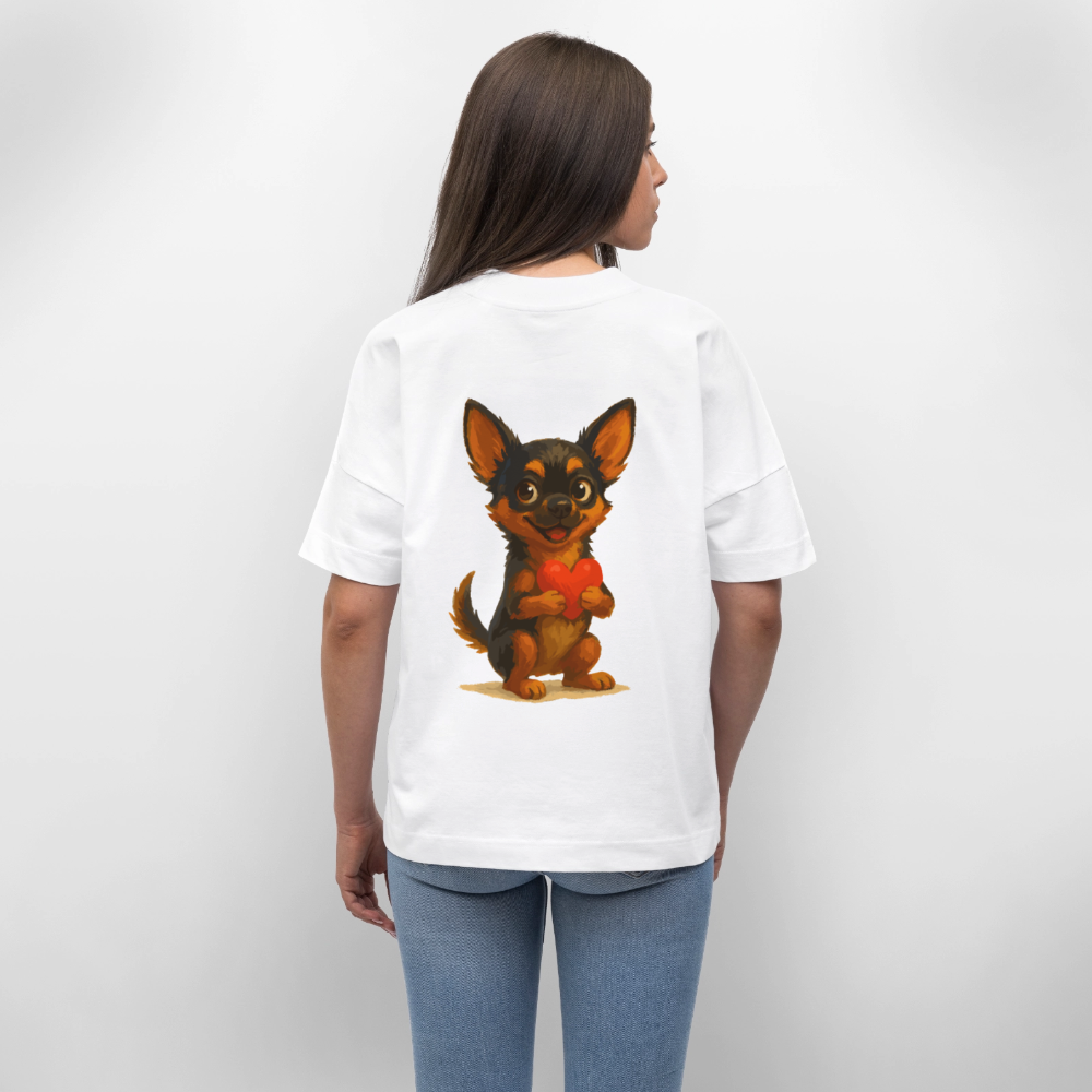Chihuahua Oversized Cartoon Hund mit Herz – süßes Tiermotiv, Geschenkidee für Hundefans, Valentinstag und romantische Anlässe - Weiß