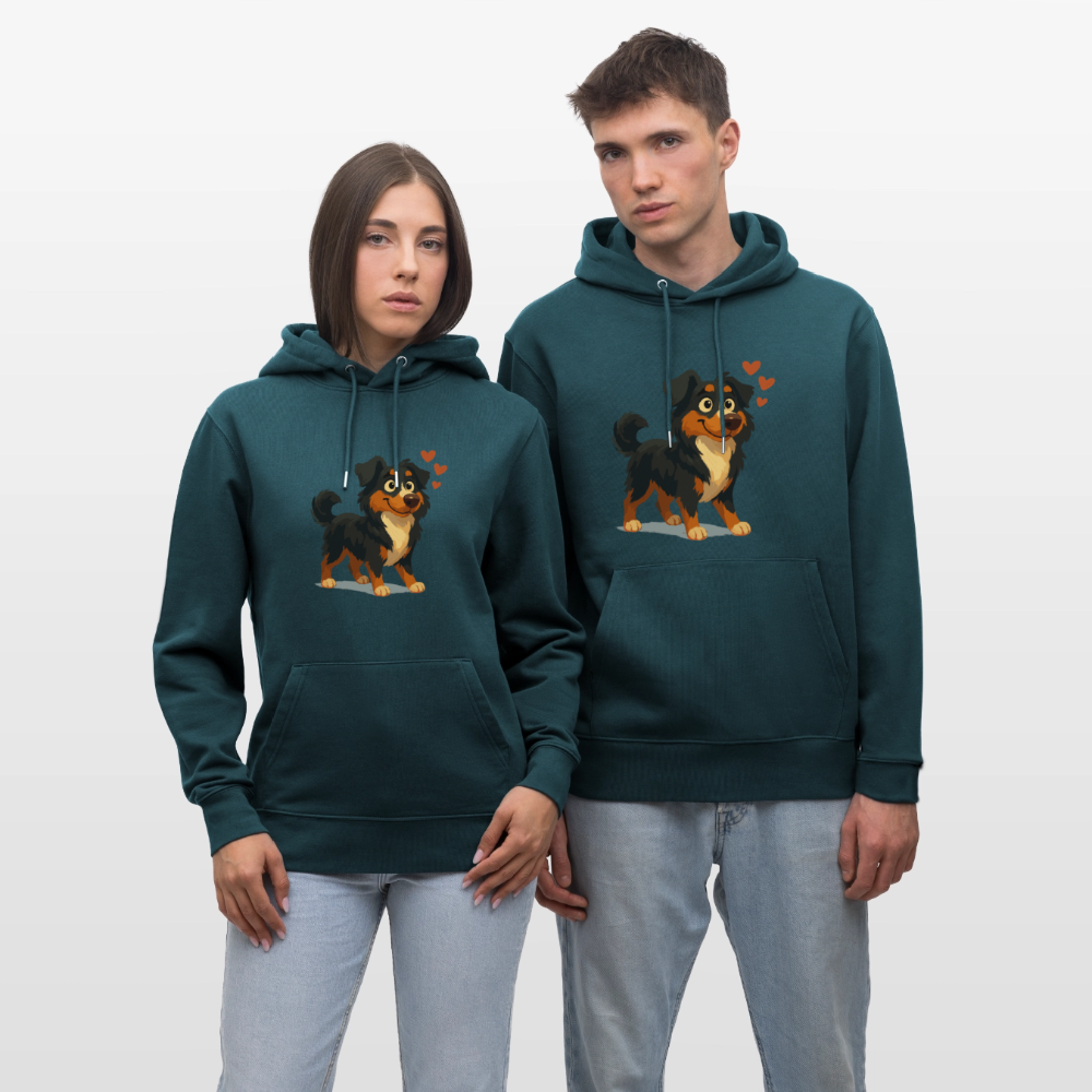 Australian Shepherd Hoodie Verliebter Cartoon mit roten Herzen – Liebevolles Hunde Motiv für Valentinstag, Freundschaft und Geschenkideen - Dunkles Petrol