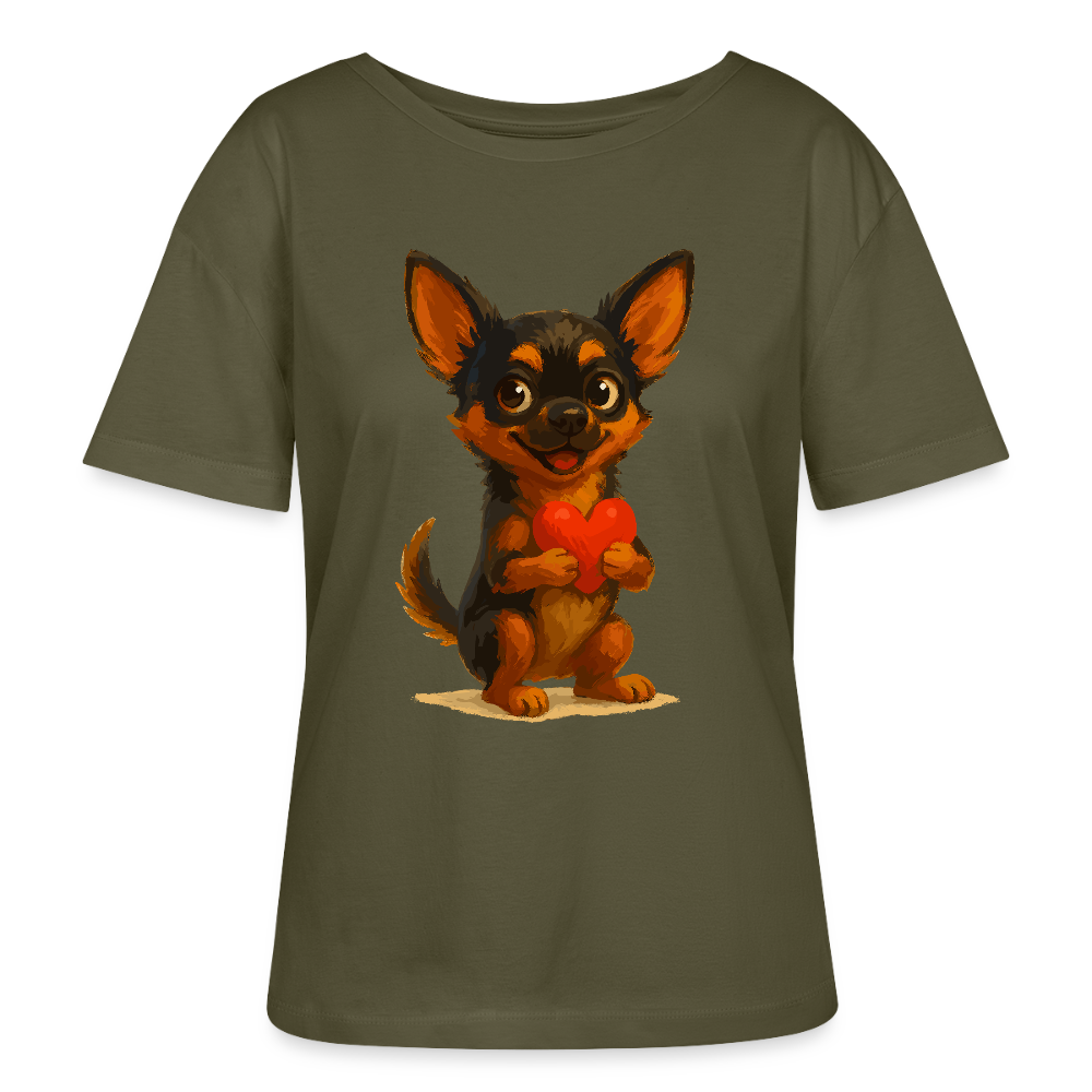 Chihuahua Shirt Cartoon Hund mit Herz – süßes Tiermotiv, Geschenkidee für Hundefans, Valentinstag und romantische Anlässe - Khaki