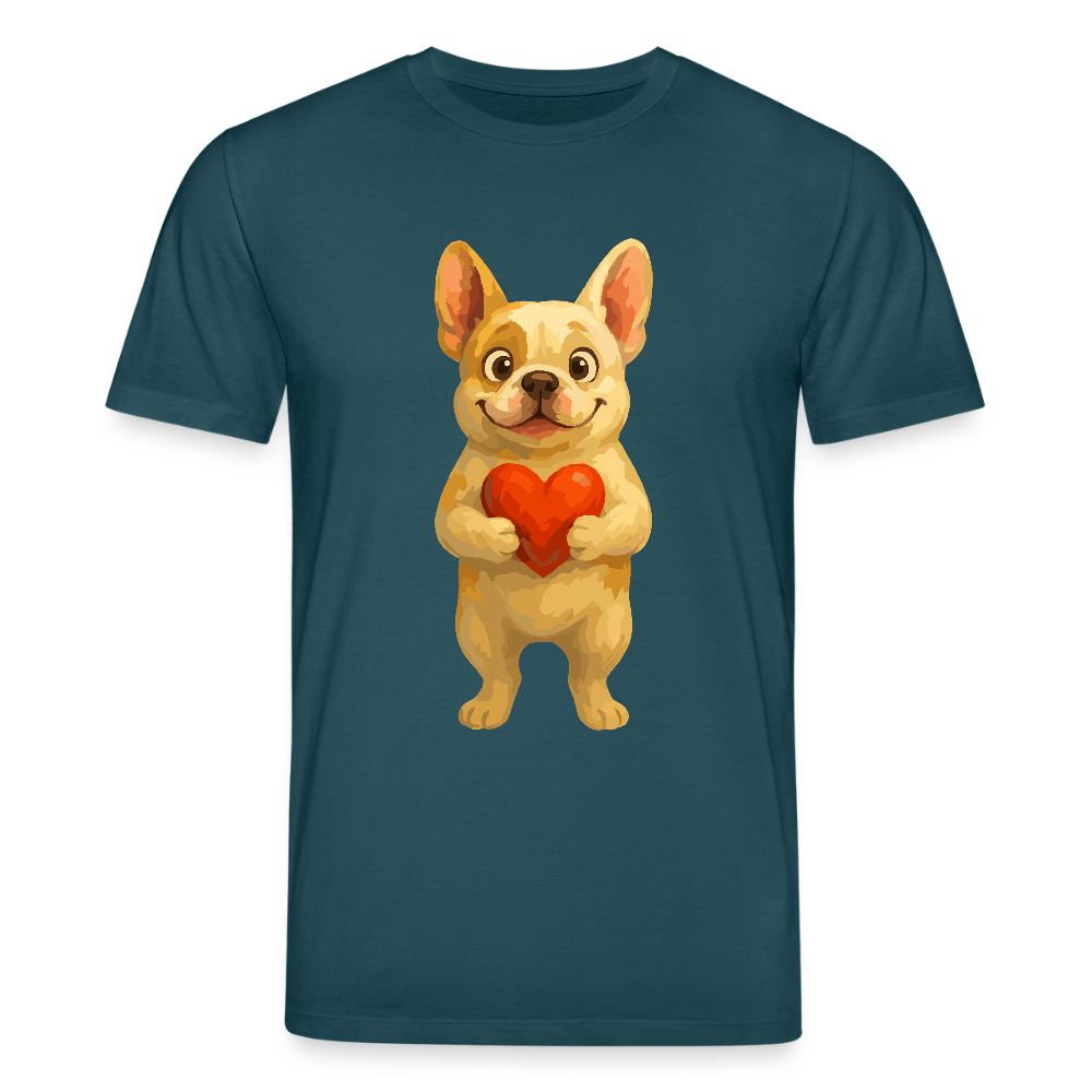 Französische Bulldogge T-Shirt mit Herz Cartoon – Liebevolles Hunde Motiv für Valentinstag, Freundschaft und Geschenkideen - Dunkles Petrol