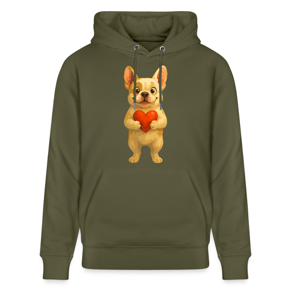 Französische Bulldogge Hoodie mit Herz Cartoon – Liebevolles Hunde Motiv für Valentinstag, Freundschaft und Geschenkideen - Khaki Grün