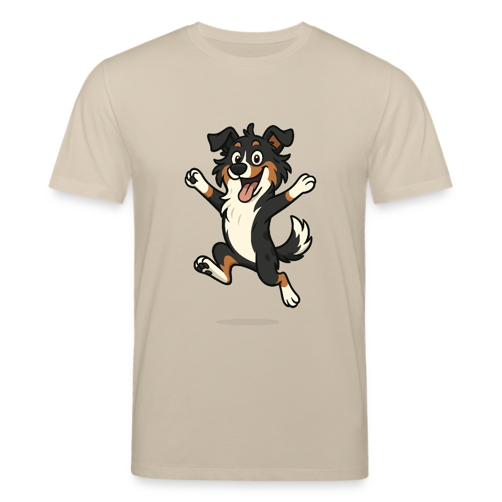 Australian Shepherd T-Shirt Cartoon hüpfend – Fröhliches Hunde Motiv voller Freude und Energie für Hundeliebhaber und Geschenkideen - Beige