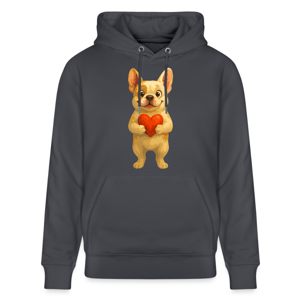 Französische Bulldogge Hoodie mit Herz Cartoon – Liebevolles Hunde Motiv für Valentinstag, Freundschaft und Geschenkideen - Indigoblau