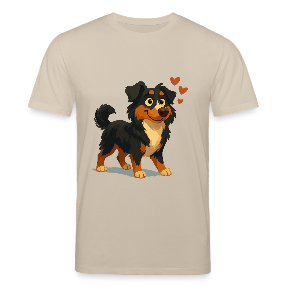 Australian Shepherd T-Shirt Verliebter Cartoon mit roten Herzen – Liebevolles Hunde Motiv für Valentinstag, Freundschaft und Geschenkideen - Beige