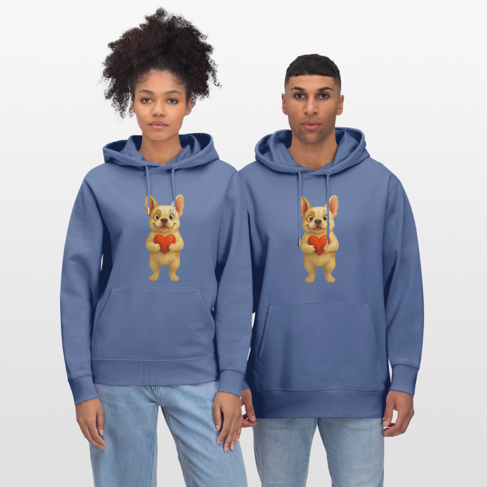 Französische Bulldogge Hoodie mit Herz Cartoon – Liebevolles Hunde Motiv für Valentinstag, Freundschaft und Geschenkideen - Blau