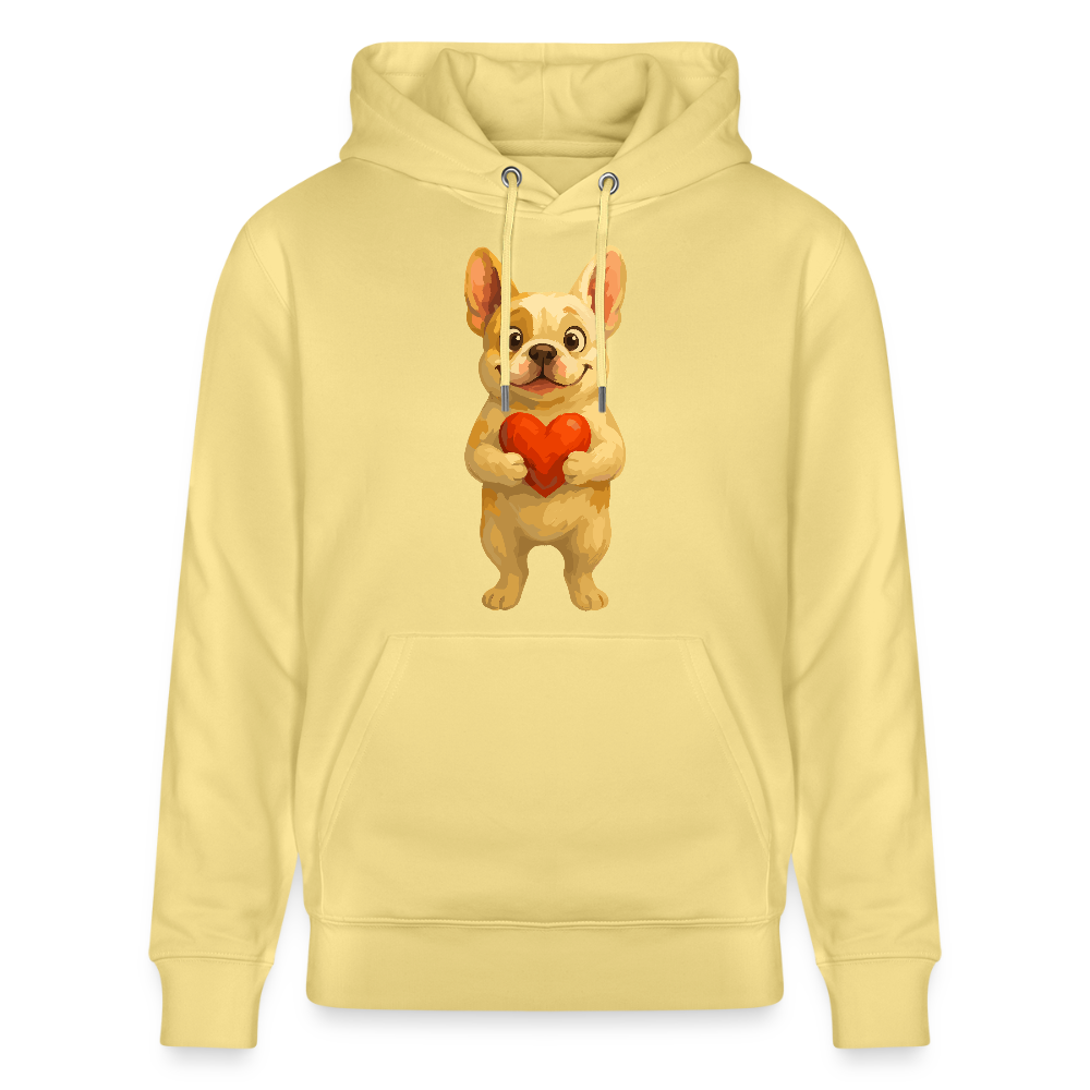 Französische Bulldogge Hoodie mit Herz Cartoon – Liebevolles Hunde Motiv für Valentinstag, Freundschaft und Geschenkideen - Gelb Viva
