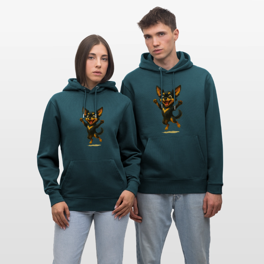 Fröhlicher Chihuahua Cartoon Hund – hüpfendes Tiermotiv voller Lebensfreude, witzige Geschenkidee für Hundefans und Tierfreunde - Dunkles Petrol