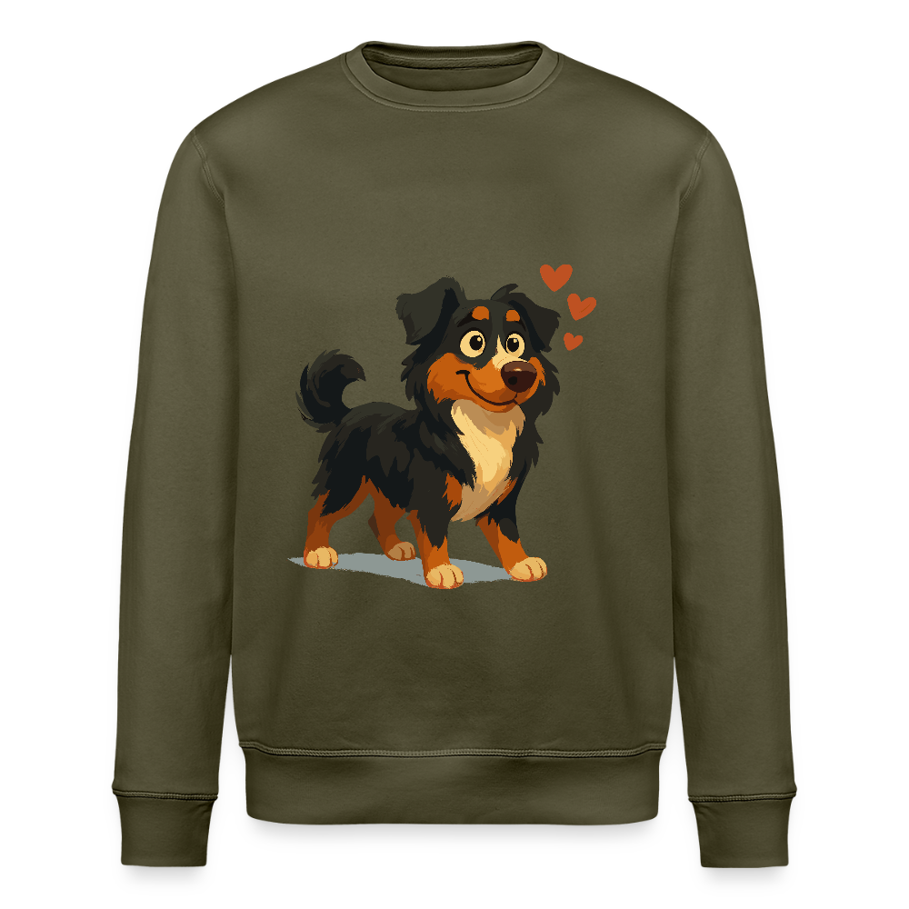 Australian Shepherd Sweatshirt Verliebter Cartoon mit roten Herzen – Liebevolles Hunde Motiv für Valentinstag, Freundschaft und Geschenkideen - Khaki
