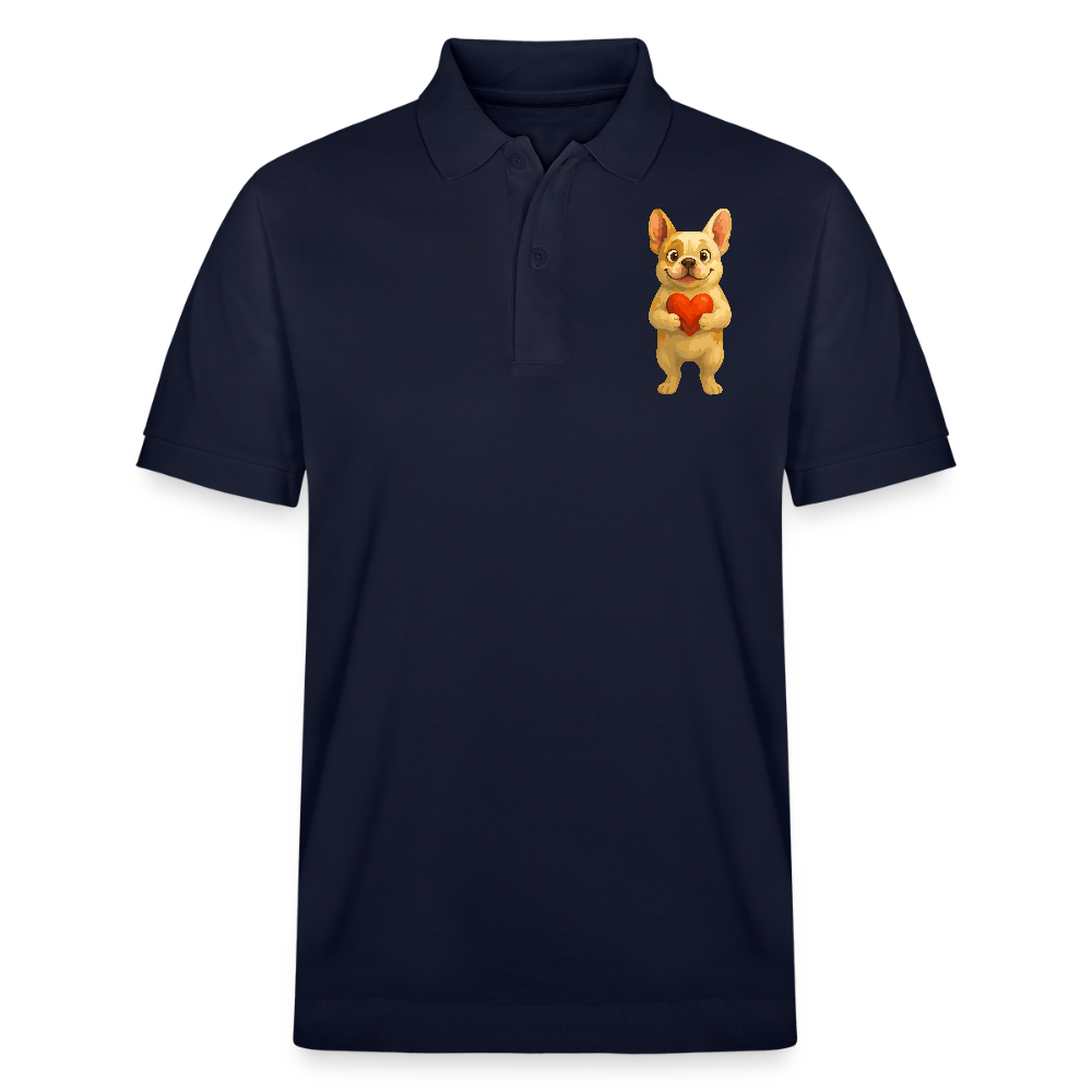 Französische Bulldogge Poloshirt mit Herz Cartoon – Liebevolles Hunde Motiv für Valentinstag, Freundschaft und Geschenkideen - Navy