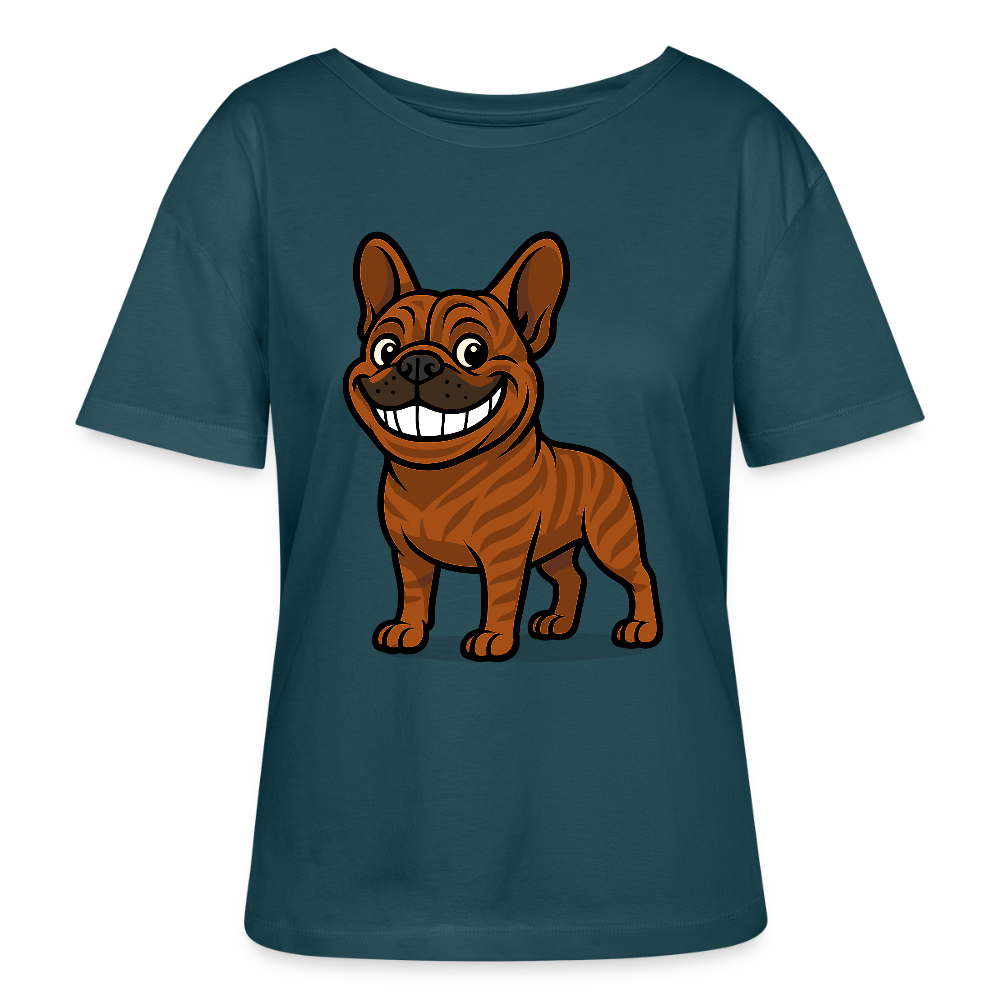Französische Bulldogge Shirt - Cartoon mit breitem Grinsen – Lustiges Hunde Motiv für Humor-Fans, Tierfreunde und Geschenkideen - Dunkles Petrol