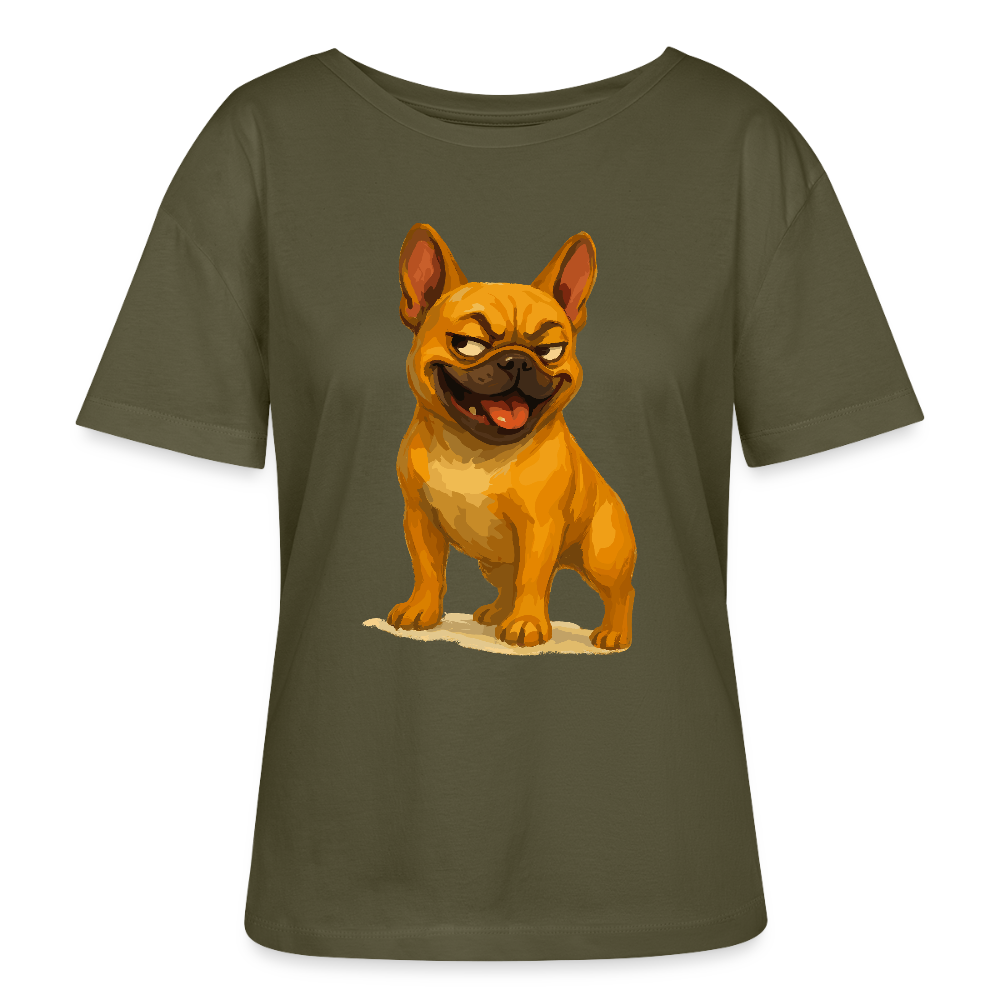Französische Bulldogge Shirt - Frecher Cartoon mit verschmitztem Grinsen – Humorvolles Hunde Motiv für Tierfreunde und Geschenkideen - Khaki