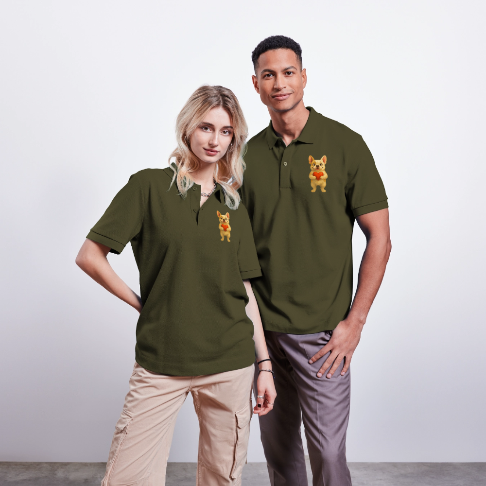 Französische Bulldogge Poloshirt mit Herz Cartoon – Liebevolles Hunde Motiv für Valentinstag, Freundschaft und Geschenkideen - Khaki