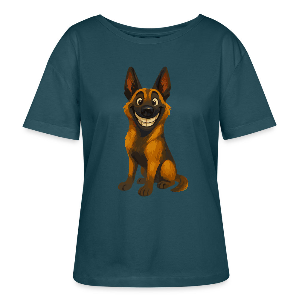 Malinois Shirt Grinsender Cartoon – lustiger Belgischer Schäferhund im gemalten Stil als humorvolles Hunde Motiv für Hundeliebhaber - Dunkles Petrol