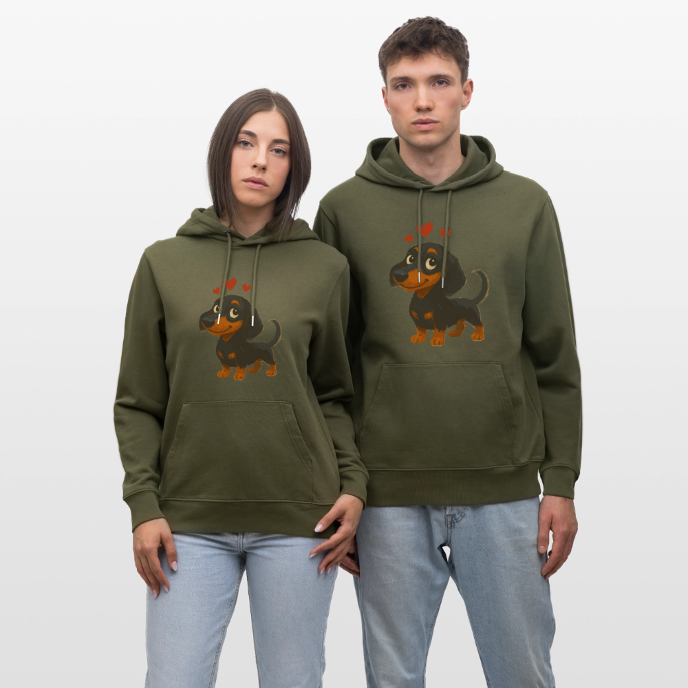 Dackel Hoodie – Verliebter Cartoon Dachshund | Süßer Hund Pullover Geschenk mit Herzen für Valentinstag & Hundefans - Khaki Grün