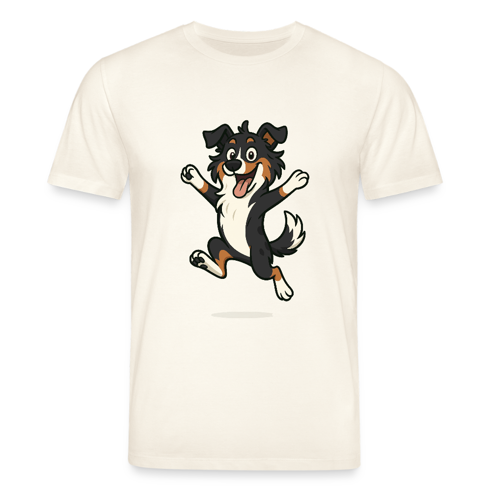 Australian Shepherd T-Shirt Cartoon hüpfend – Fröhliches Hunde Motiv voller Freude und Energie für Hundeliebhaber und Geschenkideen - Naturweiß