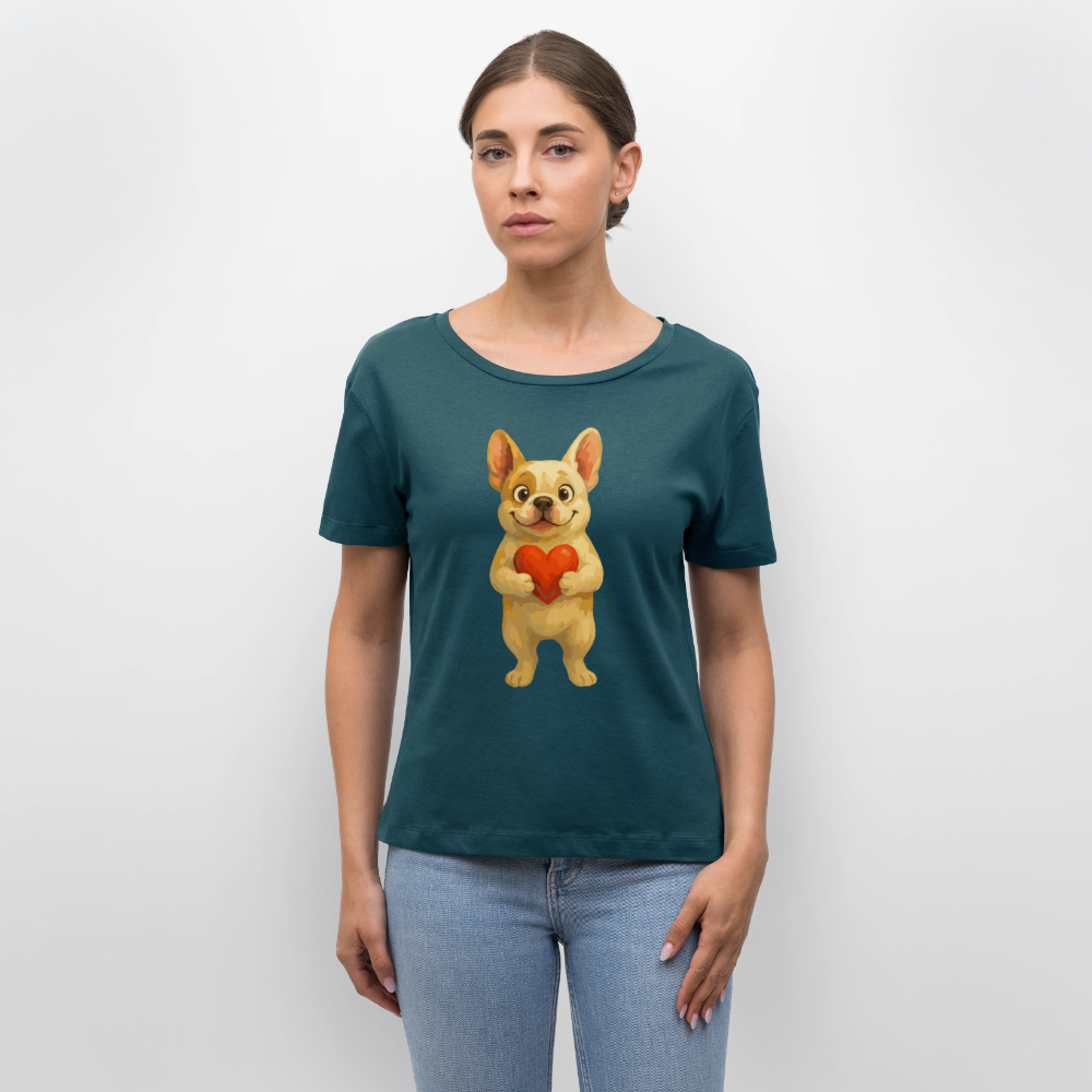 Französische Bulldogge Shirt mit Herz Cartoon – Liebevolles Hunde Motiv für Valentinstag, Freundschaft und Geschenkideen - Dunkles Petrol
