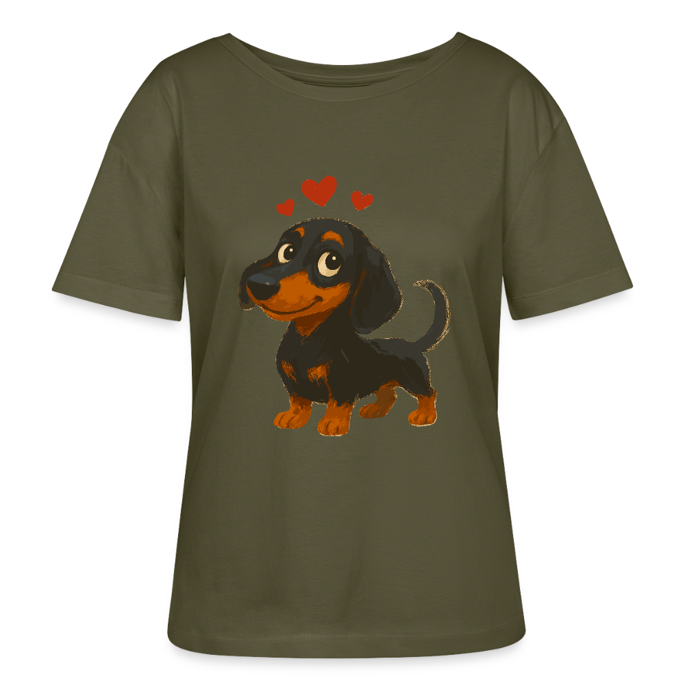 Dackel Shirt – Verliebter Cartoon Dachshund | Süßer Hund Pullover Geschenk mit Herzen für Valentinstag & Hundefans - Khaki