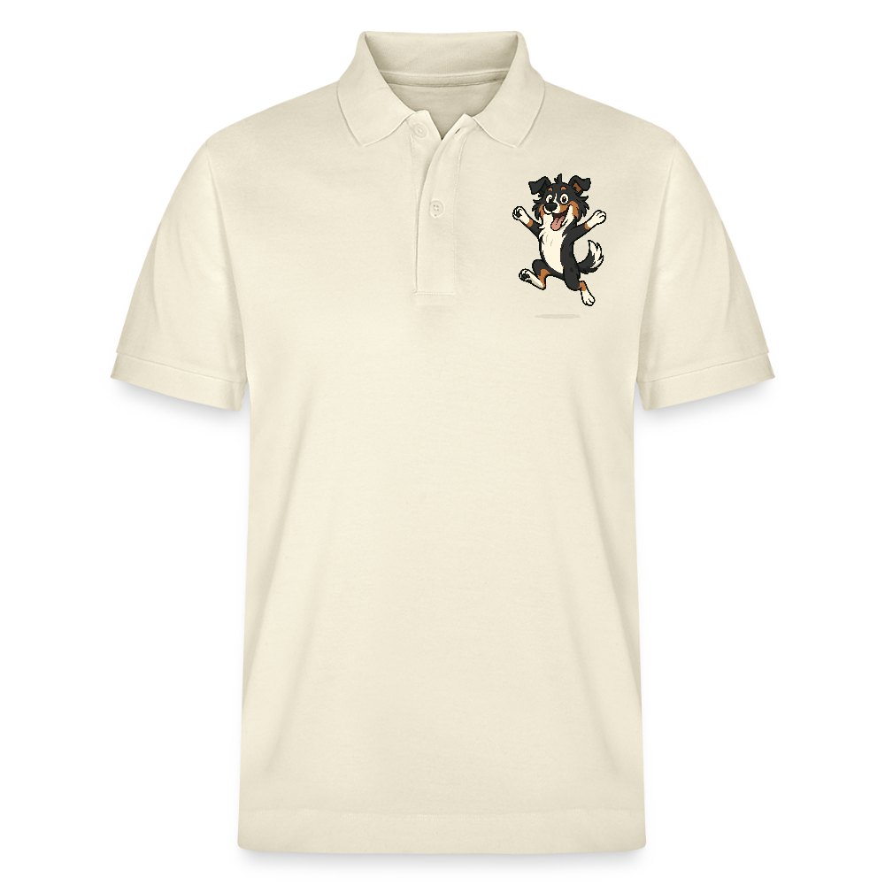 Australian Shepherd Poloshirt Cartoon hüpfend – Fröhliches Hunde Motiv voller Freude und Energie für Hundeliebhaber und Geschenkideen - Weißgrau