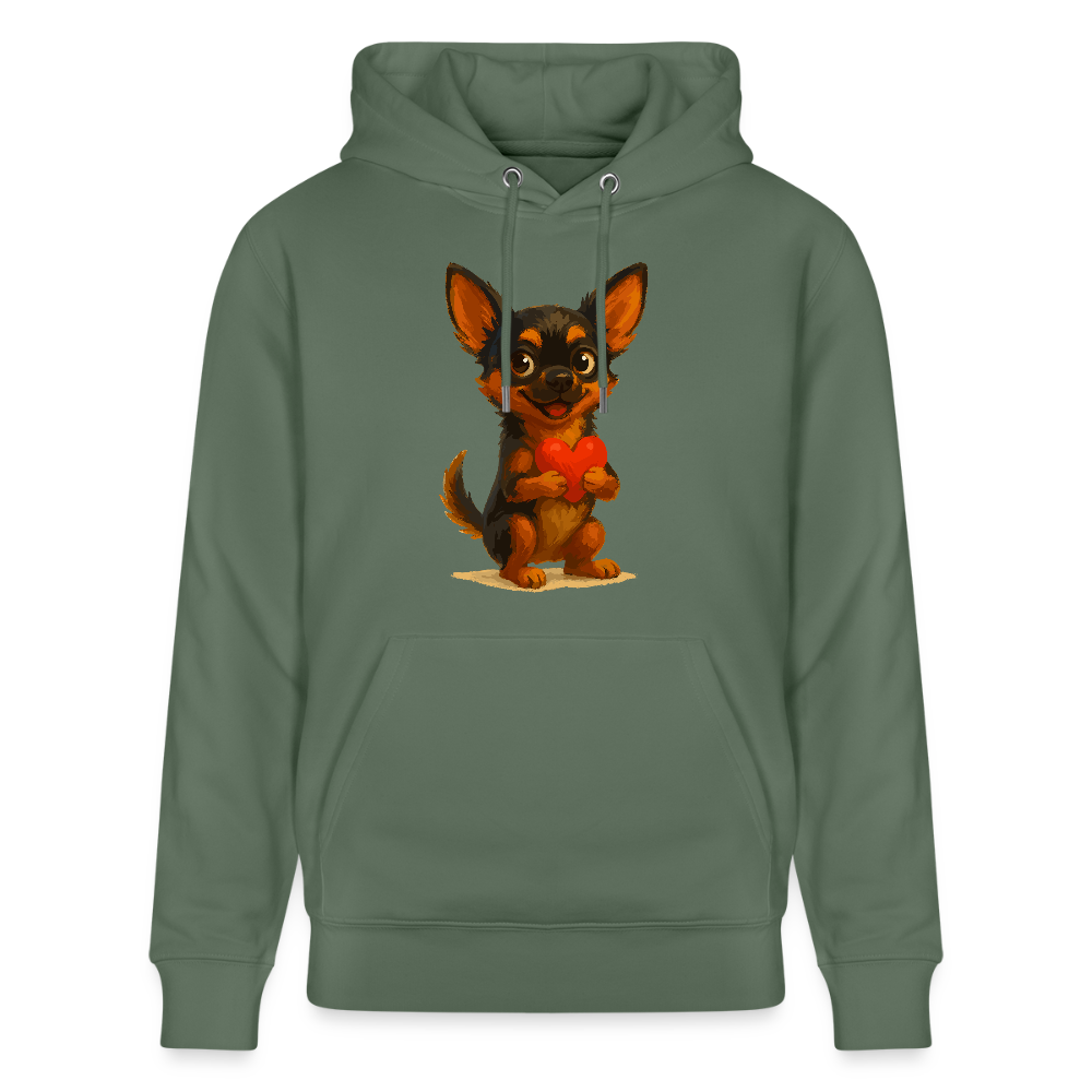 Chihuahua Hoodie Cartoon Hund mit Herz – süßes Tiermotiv, Geschenkidee für Hundefans, Valentinstag und romantische Anlässe - Tanngrün