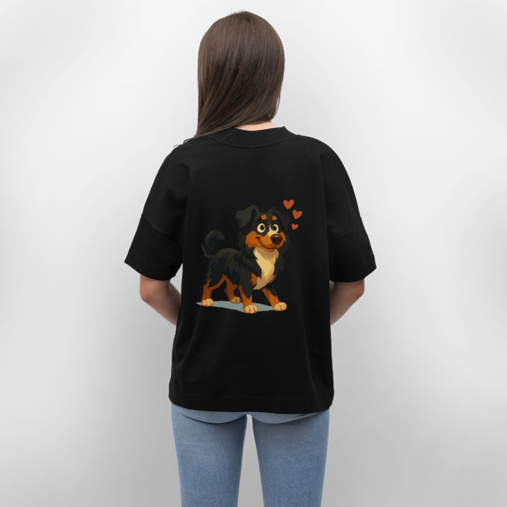 Australian Shepherd Oversized Verliebter Cartoon mit roten Herzen – Liebevolles Hunde Motiv für Valentinstag, Freundschaft und Geschenkideen - Schwarz