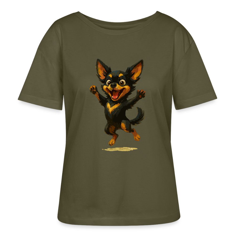 Fröhlicher Chihuahua Cartoon Hund – hüpfendes Tiermotiv voller Lebensfreude, witzige Geschenkidee für Hundefans und Tierfreunde - Khaki