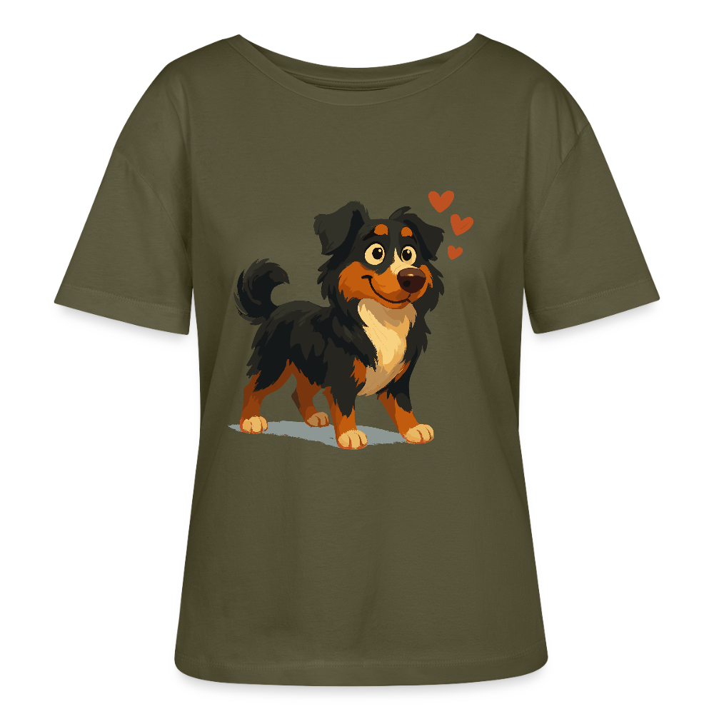 Australian Shepherd Shirt Verliebter Cartoon mit roten Herzen – Liebevolles Hunde Motiv für Valentinstag, Freundschaft und Geschenkideen - Khaki