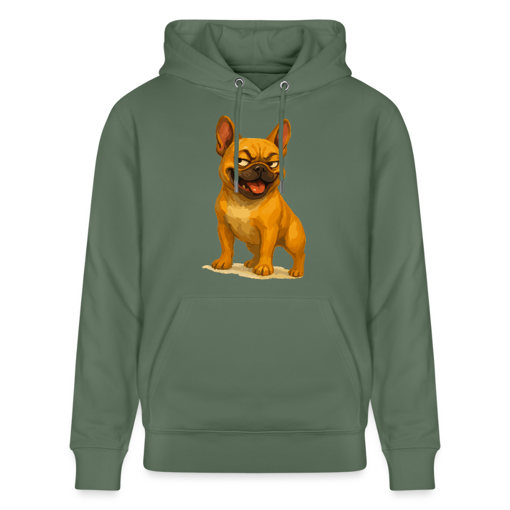 Französische Bulldogge Hoodie - Frecher Cartoon mit verschmitztem Grinsen – Humorvolles Hunde Motiv für Tierfreunde und Geschenkideen - Tanngrün