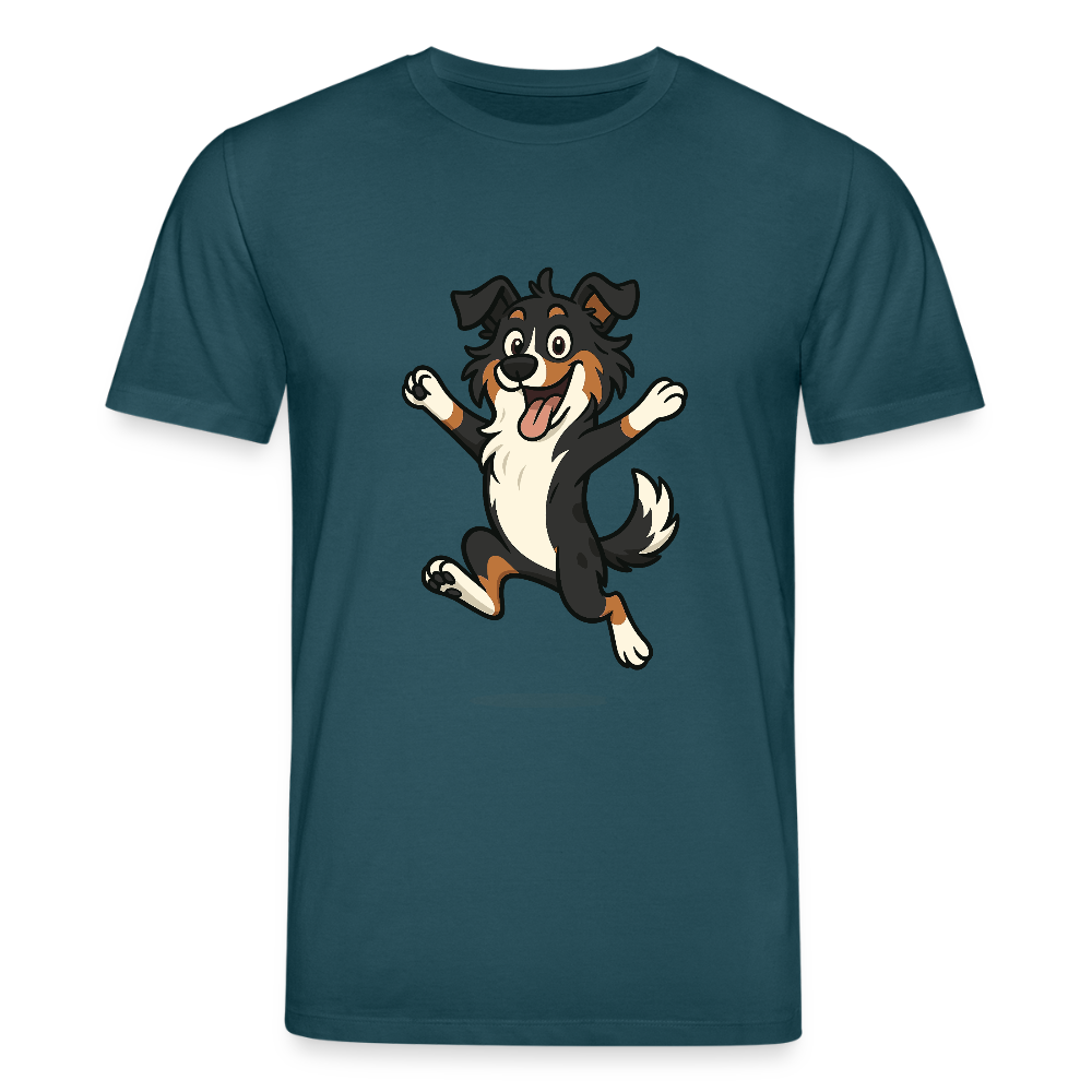 Australian Shepherd T-Shirt Cartoon hüpfend – Fröhliches Hunde Motiv voller Freude und Energie für Hundeliebhaber und Geschenkideen - Dunkles Petrol