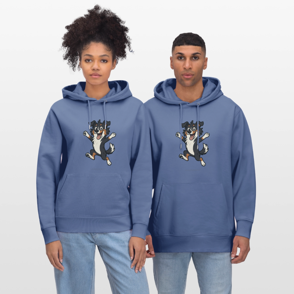 Australian Shepherd Hoodie Cartoon hüpfend – Fröhliches Hunde Motiv voller Freude und Energie für Hundeliebhaber und Geschenkideen - Blau