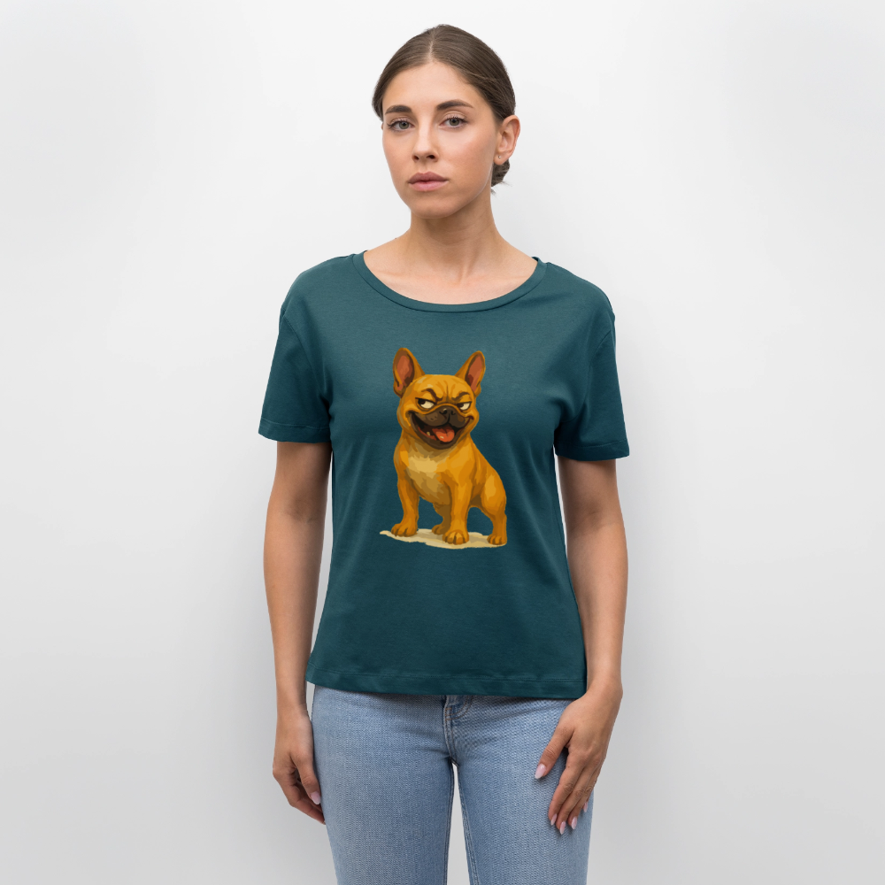 Französische Bulldogge Shirt - Frecher Cartoon mit verschmitztem Grinsen – Humorvolles Hunde Motiv für Tierfreunde und Geschenkideen - Dunkles Petrol