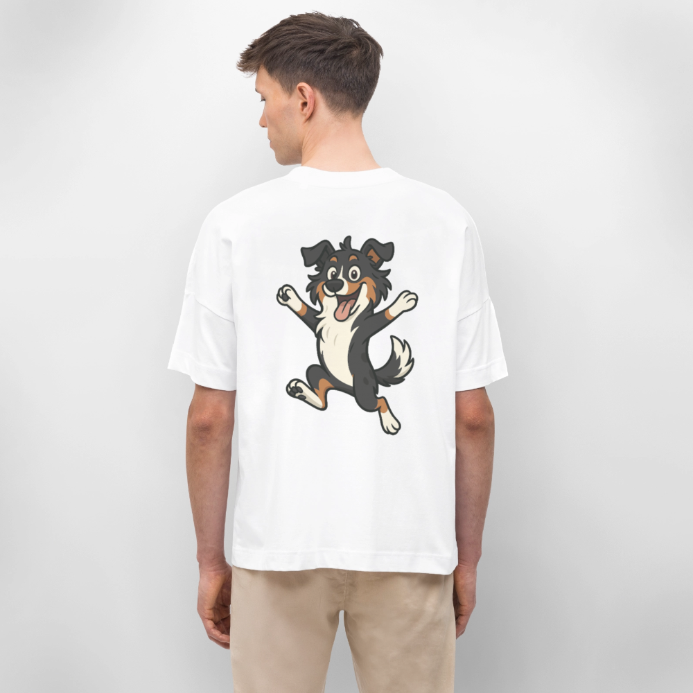 Australian Shepherd Oversized Cartoon hüpfend – Fröhliches Hunde Motiv voller Freude und Energie für Hundeliebhaber und Geschenkideen - Weiß