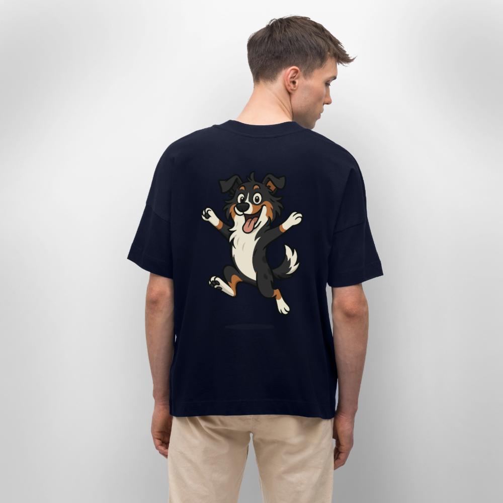 Australian Shepherd Oversized Cartoon hüpfend – Fröhliches Hunde Motiv voller Freude und Energie für Hundeliebhaber und Geschenkideen - Navy