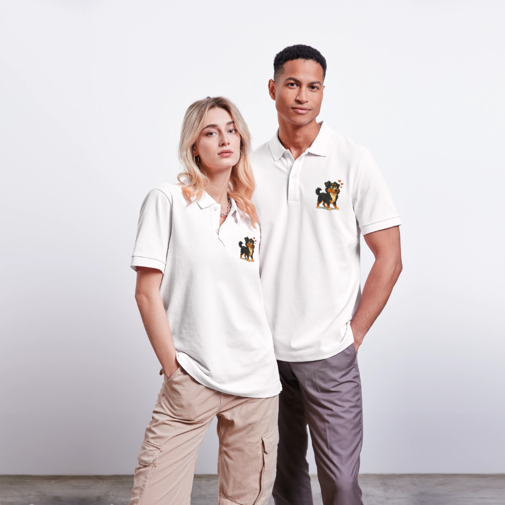 Australian Shepherd Poloshirt Verliebter Cartoon mit roten Herzen – Liebevolles Hunde Motiv für Valentinstag, Freundschaft und Geschenkideen - Weiß