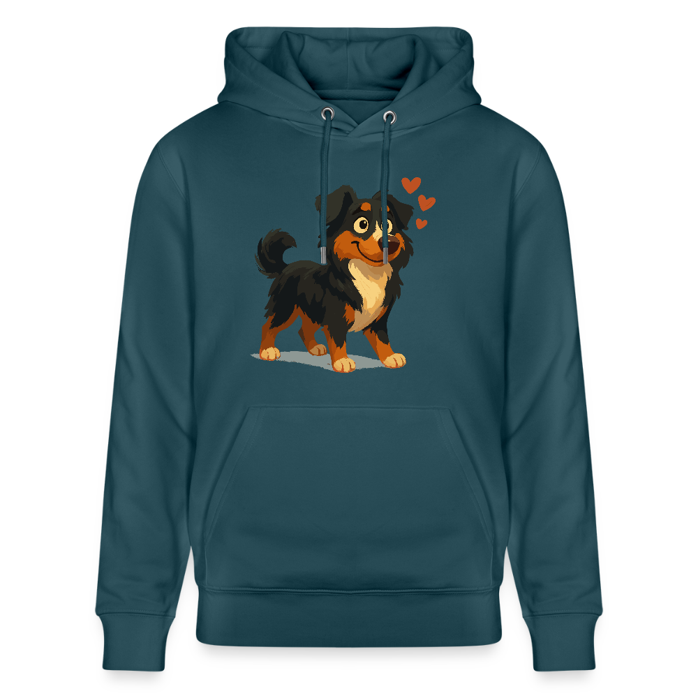 Australian Shepherd Hoodie Verliebter Cartoon mit roten Herzen – Liebevolles Hunde Motiv für Valentinstag, Freundschaft und Geschenkideen - Dunkles Petrol