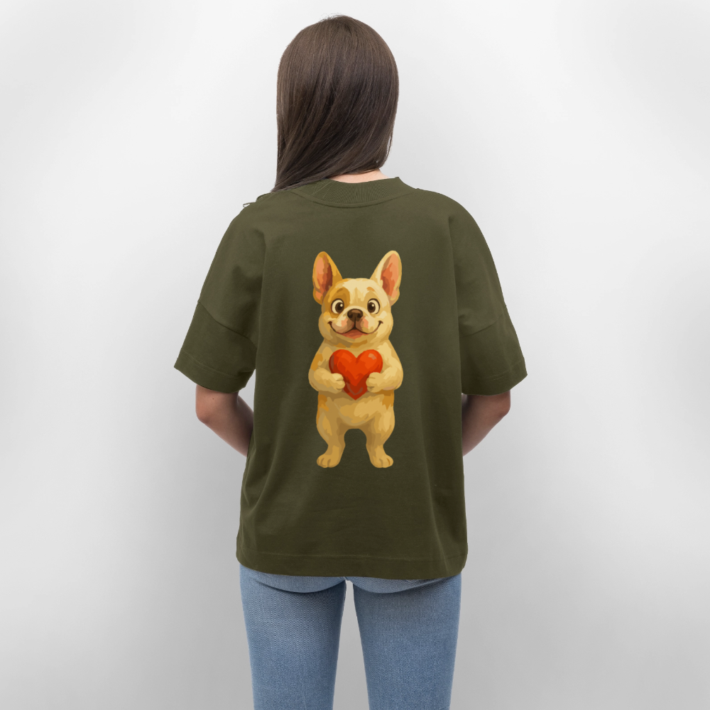 Französische Bulldogge Oversized mit Herz Cartoon – Liebevolles Hunde Motiv für Valentinstag, Freundschaft und Geschenkideen - Khaki