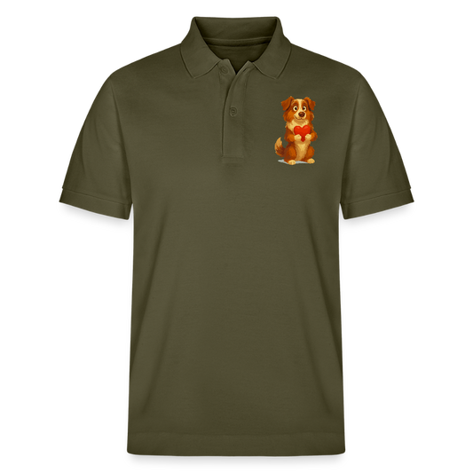 Australian Shepherd Poloshirt Süßer Cartoon mit Herz – Liebevolles Hunde Motiv für Valentinstag, Freundschaft und Geschenkideen - Khaki