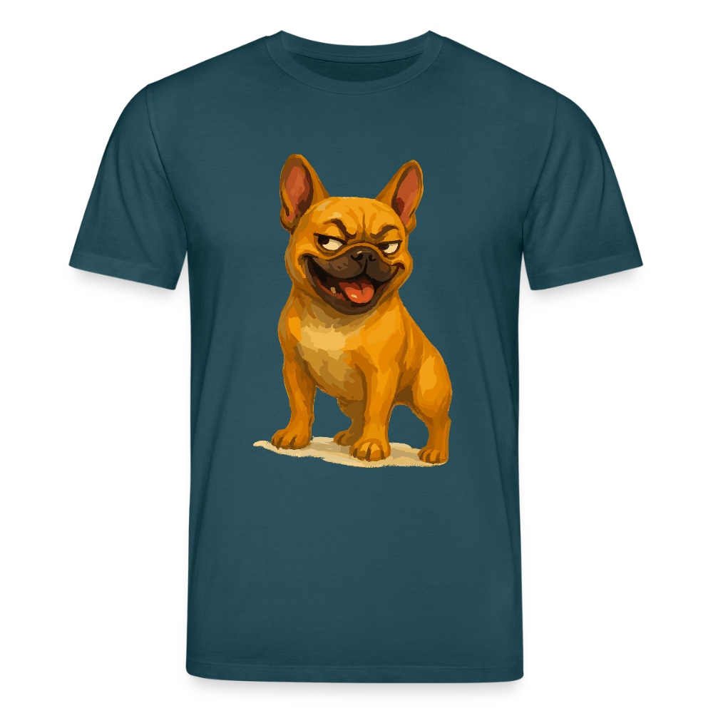 Französische Bulldogge T-Shirt - Frecher Cartoon mit verschmitztem Grinsen – Humorvolles Hunde Motiv für Tierfreunde und Geschenkideen - Dunkles Petrol