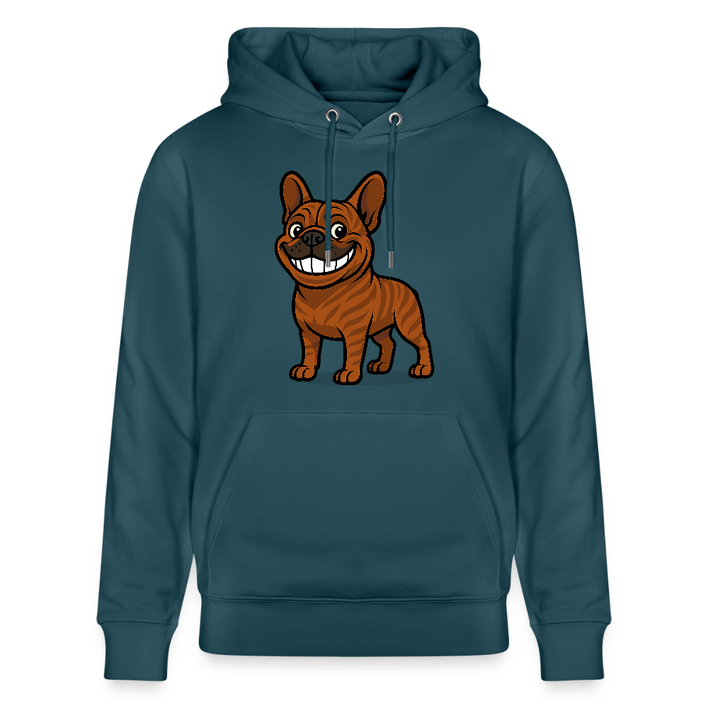 Französische Bulldogge Hoodie - Cartoon mit breitem Grinsen – Lustiges Hunde Motiv für Humor-Fans, Tierfreunde und Geschenkideen - Dunkles Petrol