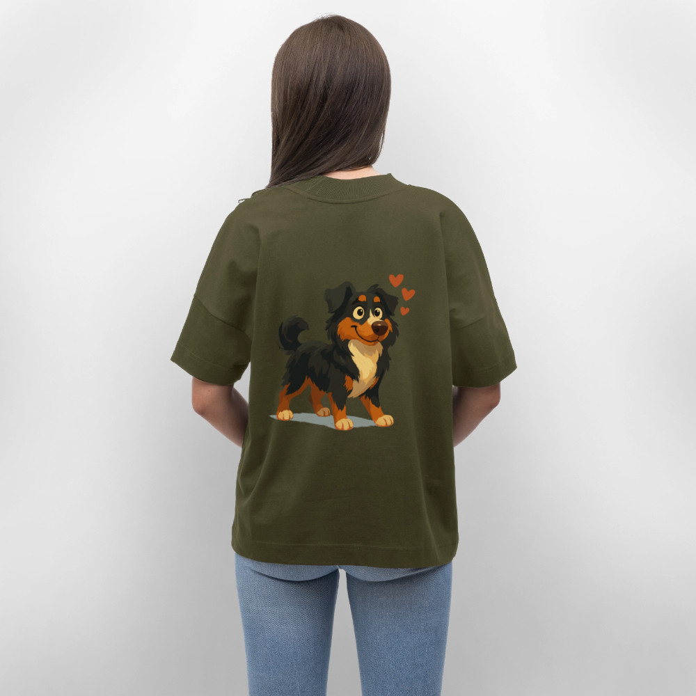 Australian Shepherd Oversized Verliebter Cartoon mit roten Herzen – Liebevolles Hunde Motiv für Valentinstag, Freundschaft und Geschenkideen - Khaki