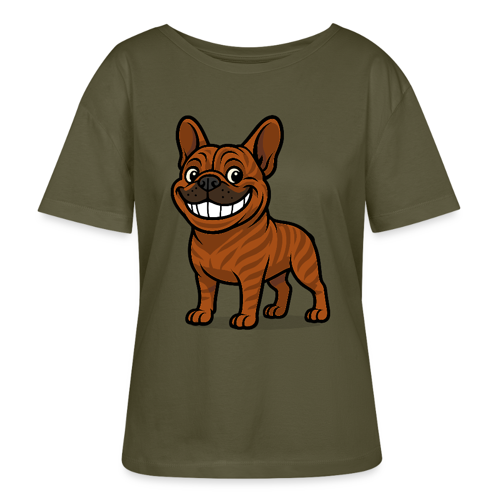 Französische Bulldogge Shirt - Cartoon mit breitem Grinsen – Lustiges Hunde Motiv für Humor-Fans, Tierfreunde und Geschenkideen - Khaki