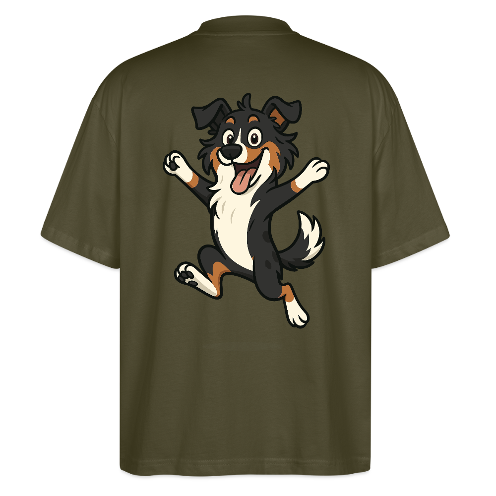 Australian Shepherd Oversized Cartoon hüpfend – Fröhliches Hunde Motiv voller Freude und Energie für Hundeliebhaber und Geschenkideen - Khaki
