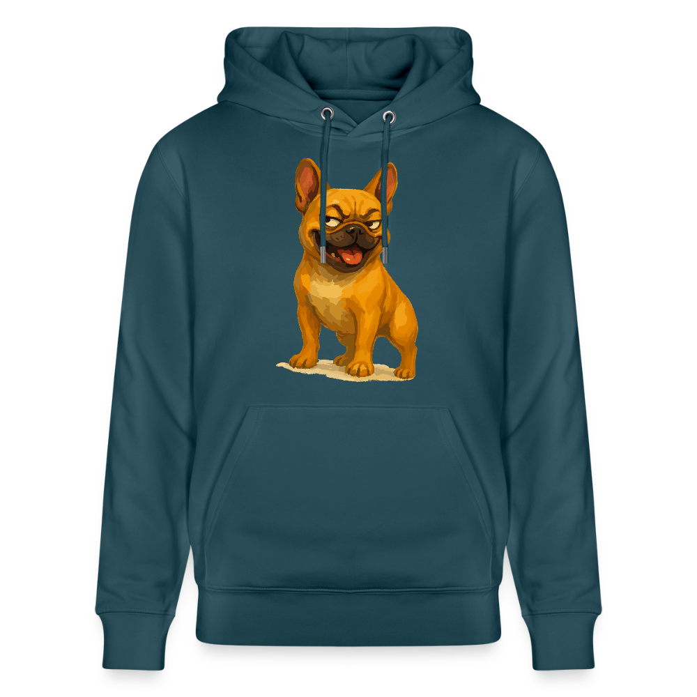Französische Bulldogge Hoodie - Frecher Cartoon mit verschmitztem Grinsen – Humorvolles Hunde Motiv für Tierfreunde und Geschenkideen - Dunkles Petrol