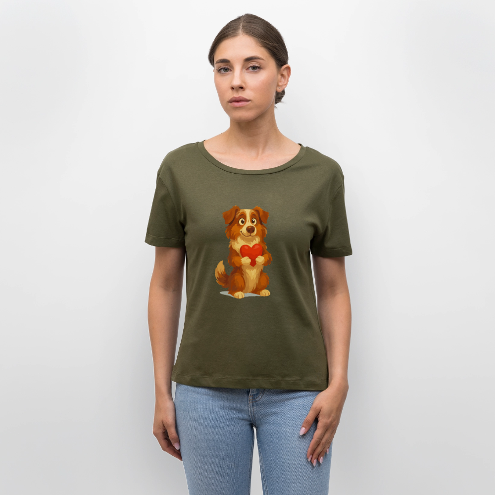 Australian Shepherd Shirt Süßer Cartoon mit Herz – Liebevolles Hunde Motiv für Valentinstag, Freundschaft und Geschenkideen - Khaki