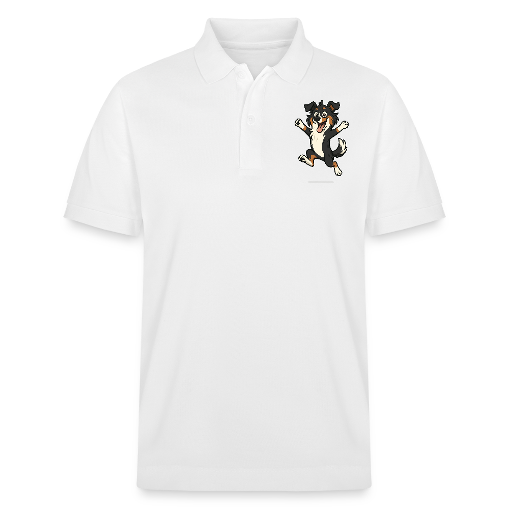 Australian Shepherd Poloshirt Cartoon hüpfend – Fröhliches Hunde Motiv voller Freude und Energie für Hundeliebhaber und Geschenkideen - Weiß