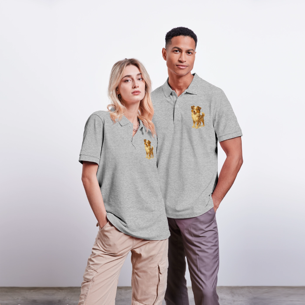 Australian Shepherd Poloshirt Frecher Cartoon mit verschmitztem Grinsen – Humorvolles Hunde Motiv für Tierfreunde und Geschenkideen - Grau meliert