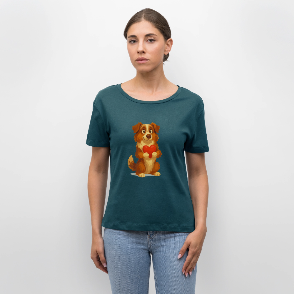 Australian Shepherd Shirt Süßer Cartoon mit Herz – Liebevolles Hunde Motiv für Valentinstag, Freundschaft und Geschenkideen - Dunkles Petrol