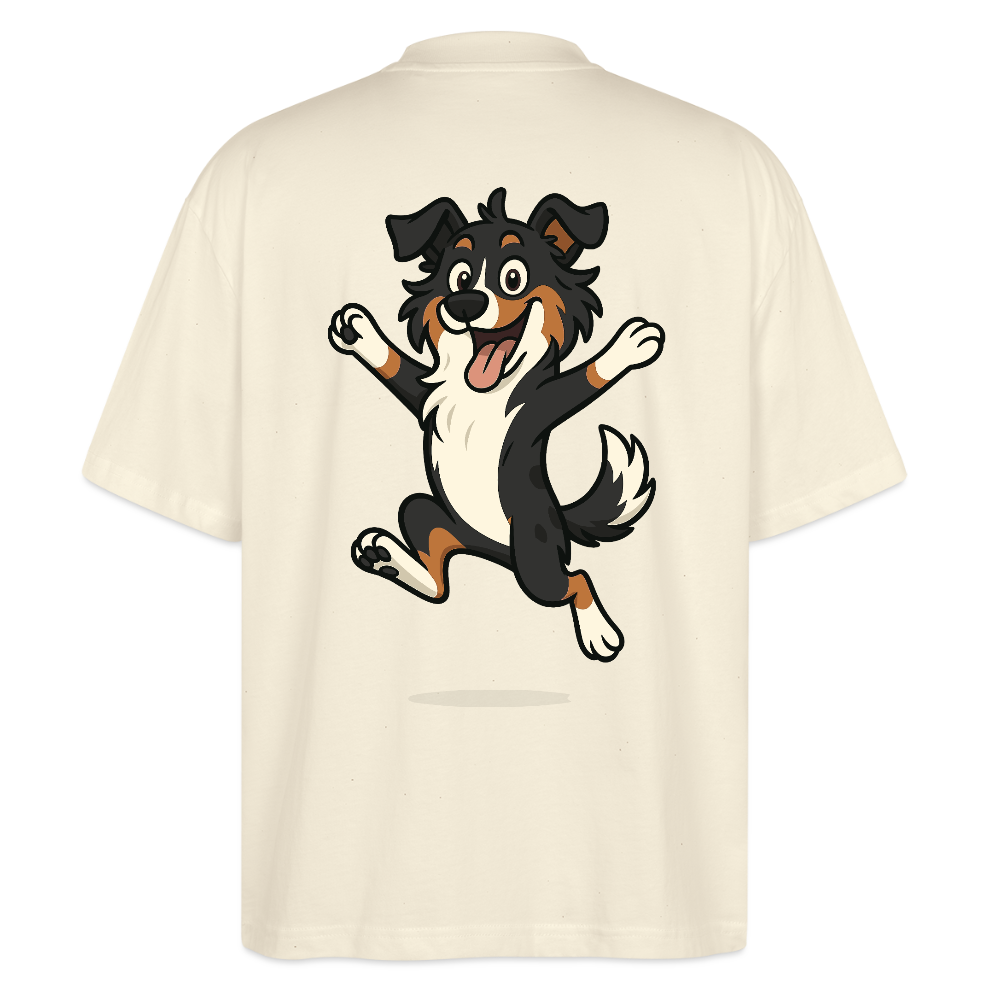Australian Shepherd Oversized Cartoon hüpfend – Fröhliches Hunde Motiv voller Freude und Energie für Hundeliebhaber und Geschenkideen - Weißgrau
