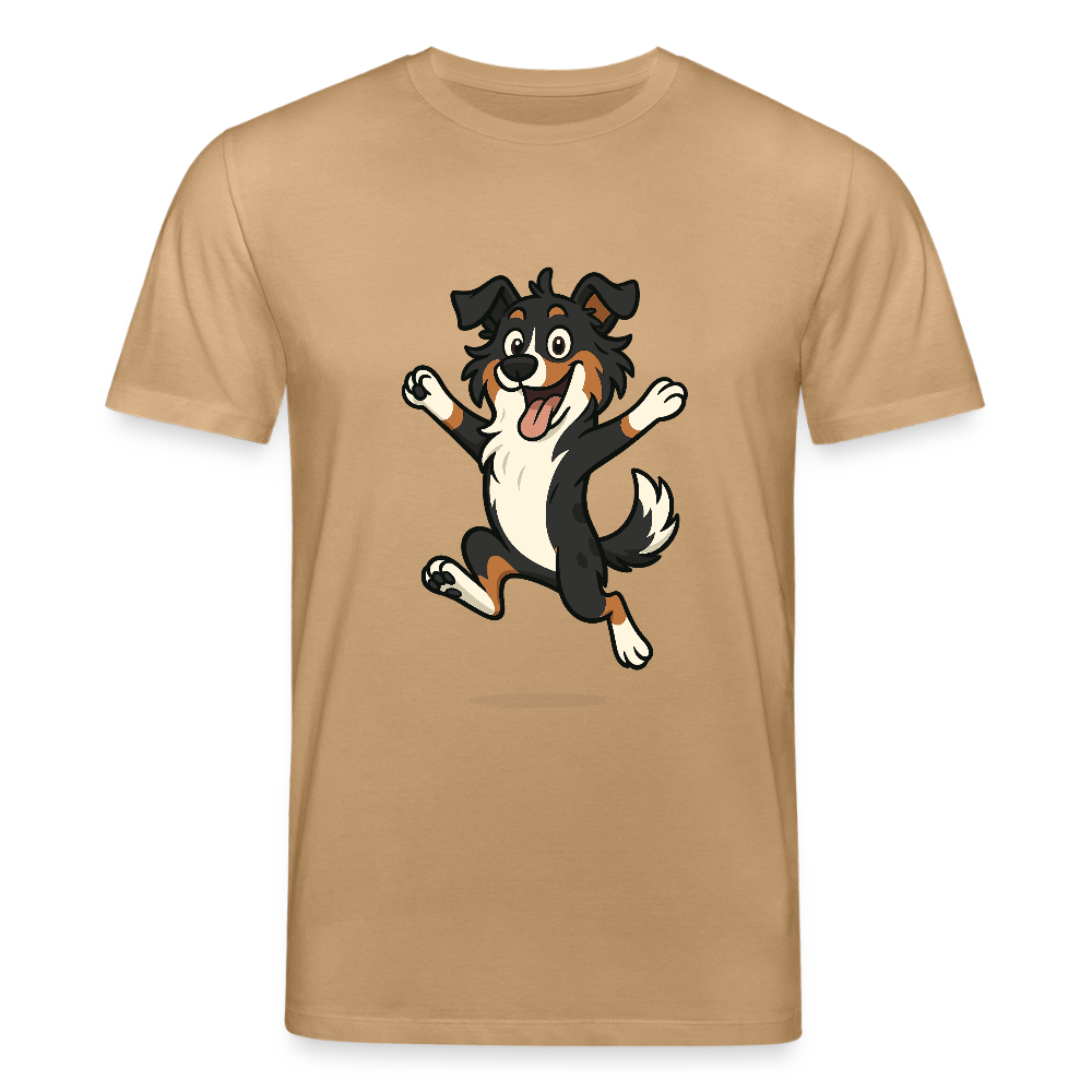 Australian Shepherd T-Shirt Cartoon hüpfend – Fröhliches Hunde Motiv voller Freude und Energie für Hundeliebhaber und Geschenkideen - Karamell 